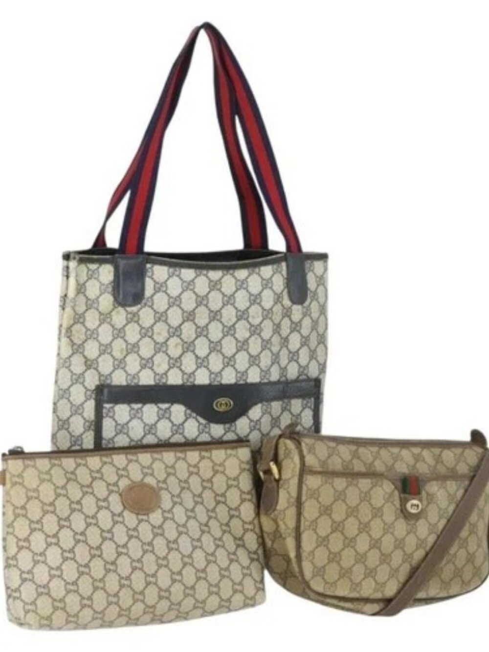 GUCCI GG Canvas GG Plus Sherry Line Bag PVC 3 Set Beige Navy Auth 155246